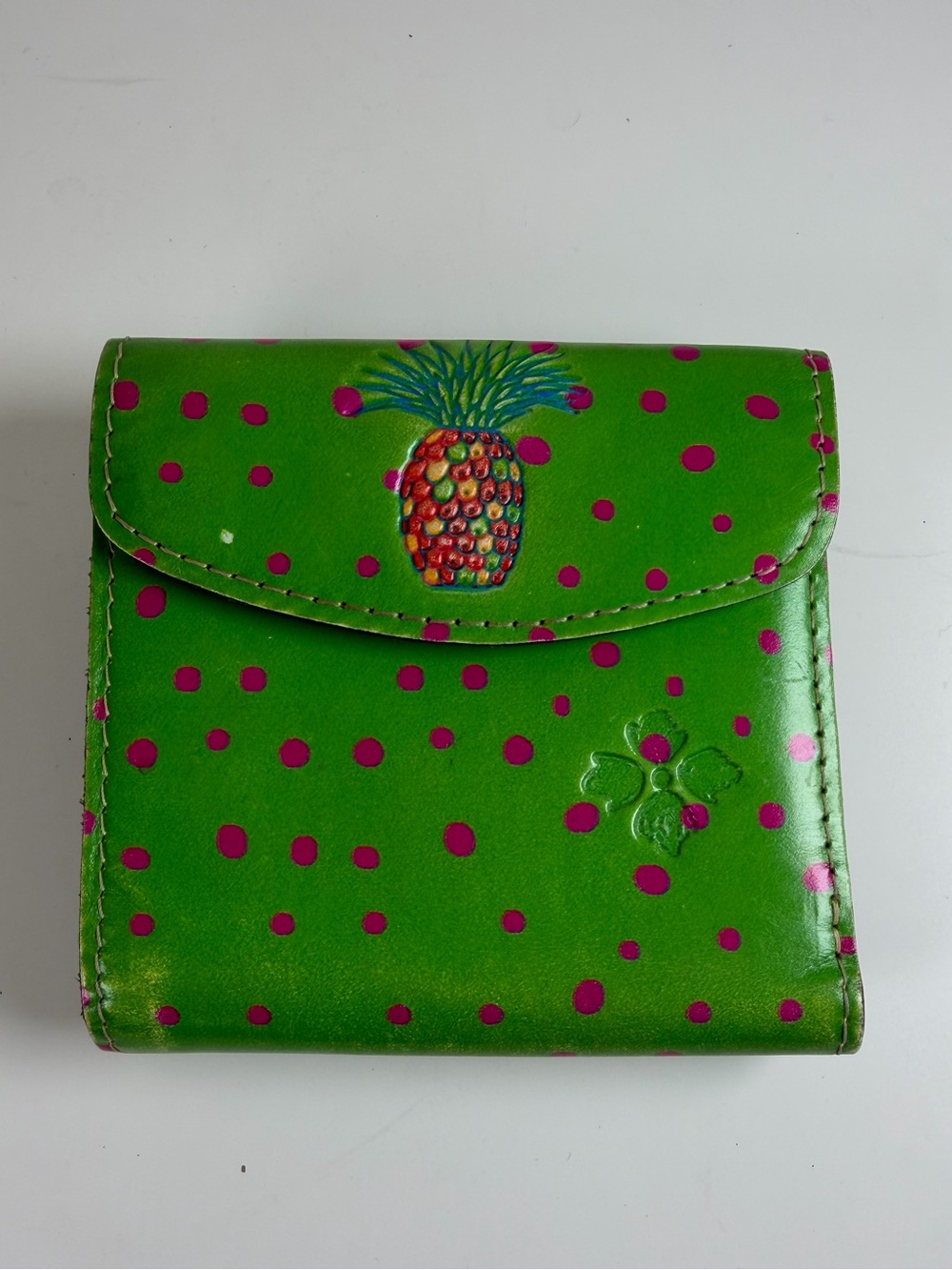 RARE VINTAGE PATRICIA NASH GREEN LEATHER WALLET WITH PINK DOTS KISSLOCK POCKET